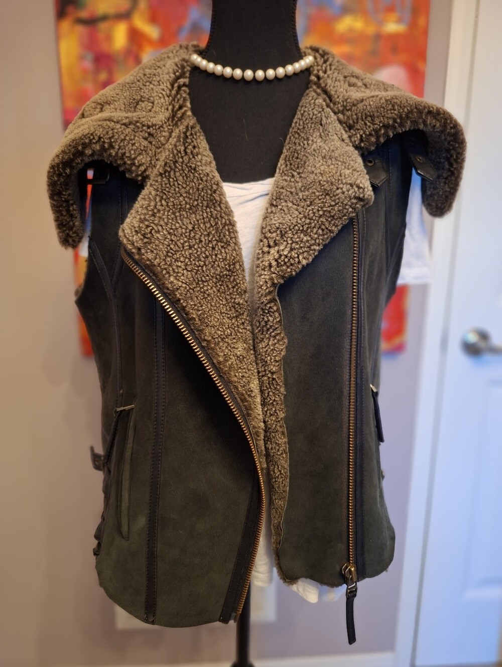 Topshop Faux Suede And Shearling Motto Vest Size 10